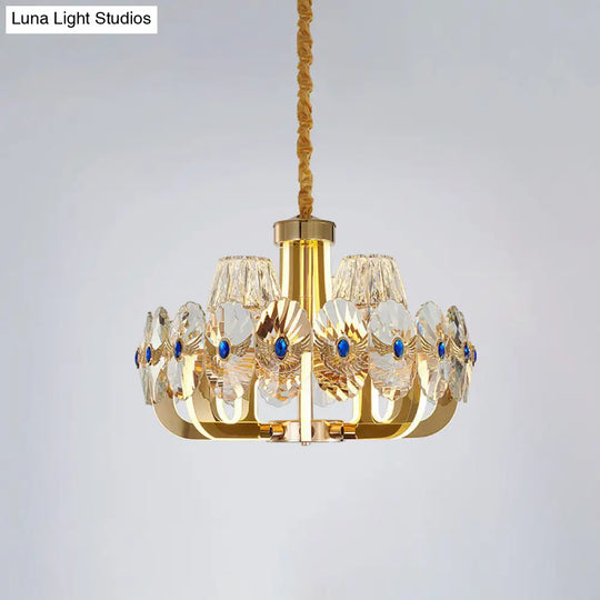 Modern Round Crystal Pendant Chandelier: 8-Bulb Led Ceiling Fixture In Gold With Cone Shade