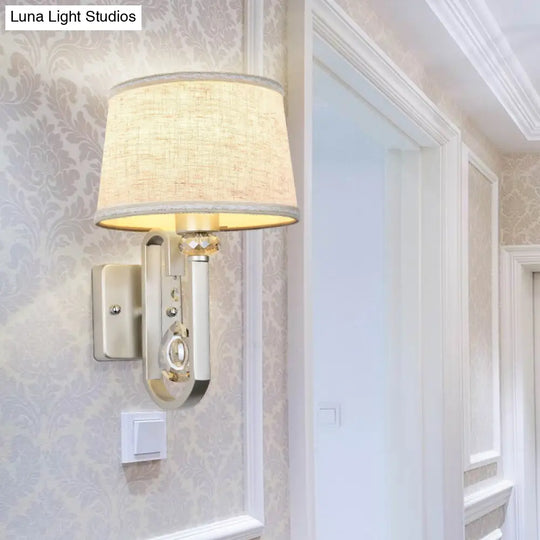 Modern Round Flaxen Sconce Lamp With Crystal Accent & Nickle Swoop Arm - Wall Mount Lighting