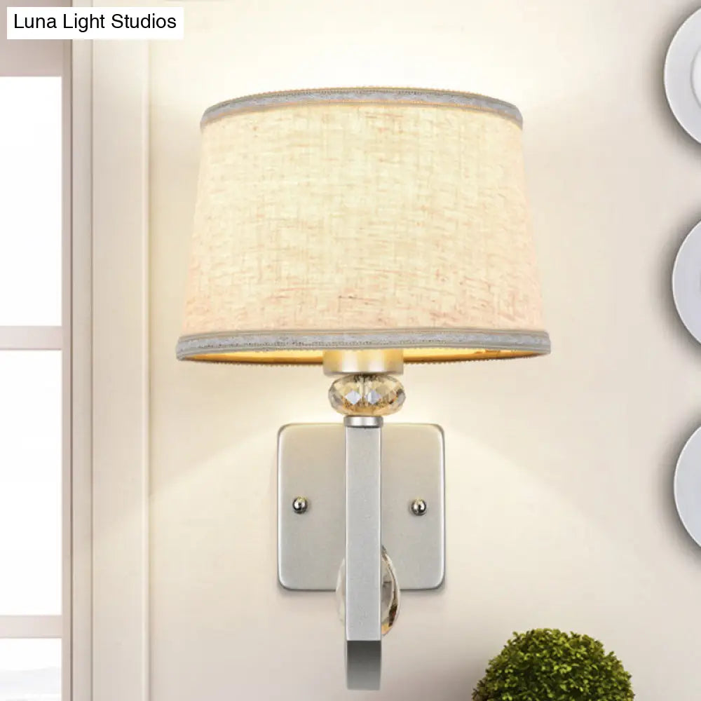 Modern Round Flaxen Sconce Lamp With Crystal Accent & Nickle Swoop Arm - Wall Mount Lighting