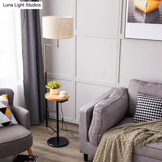 Modern Round Floor Lamp With Fabric Shade And Wood Tray For Living Room