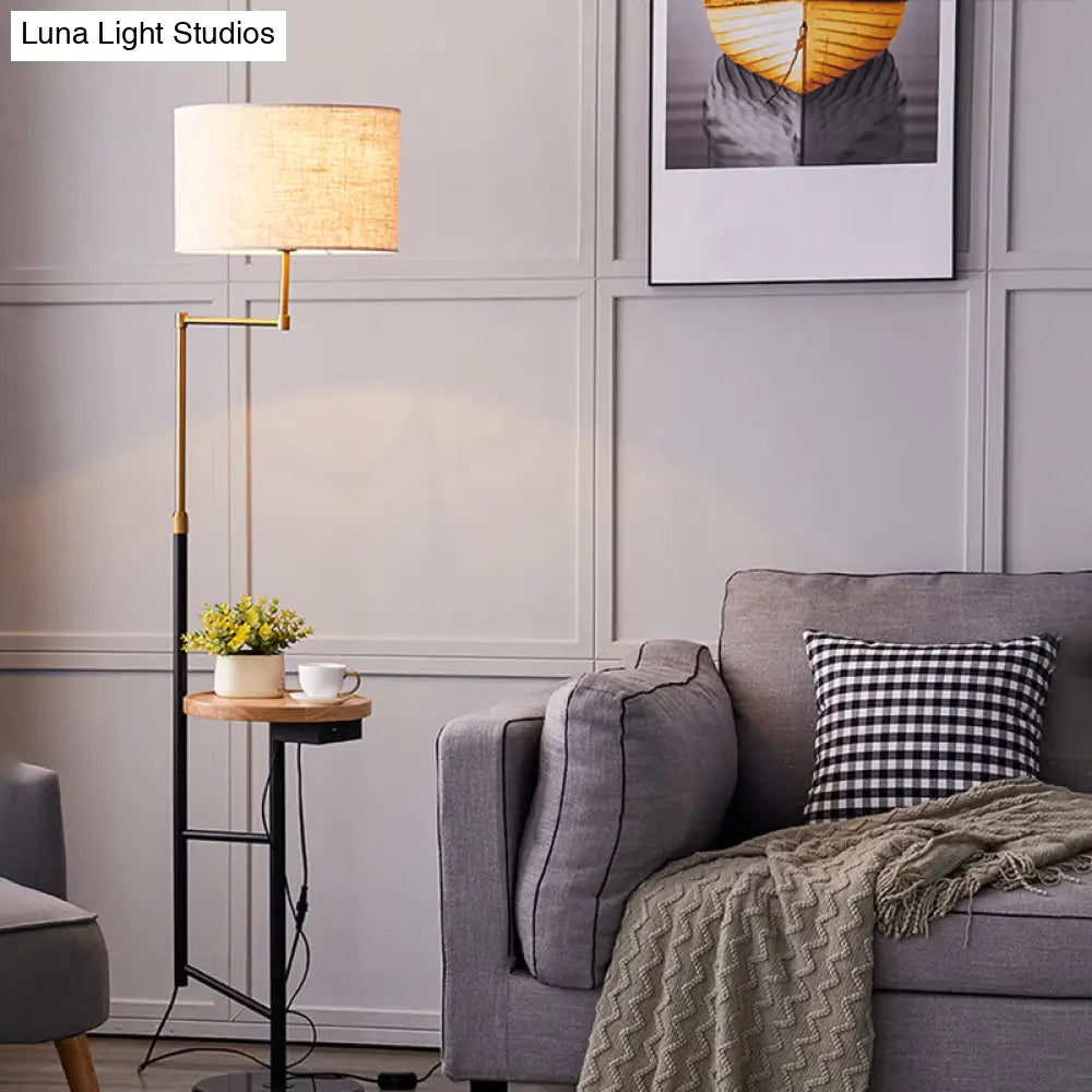 Modern Round Floor Lamp With Fabric Shade And Wood Tray For Living Room