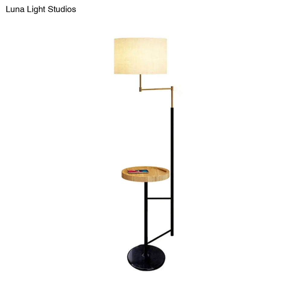 Modern Round Floor Lamp With Fabric Shade And Wood Tray For Living Room