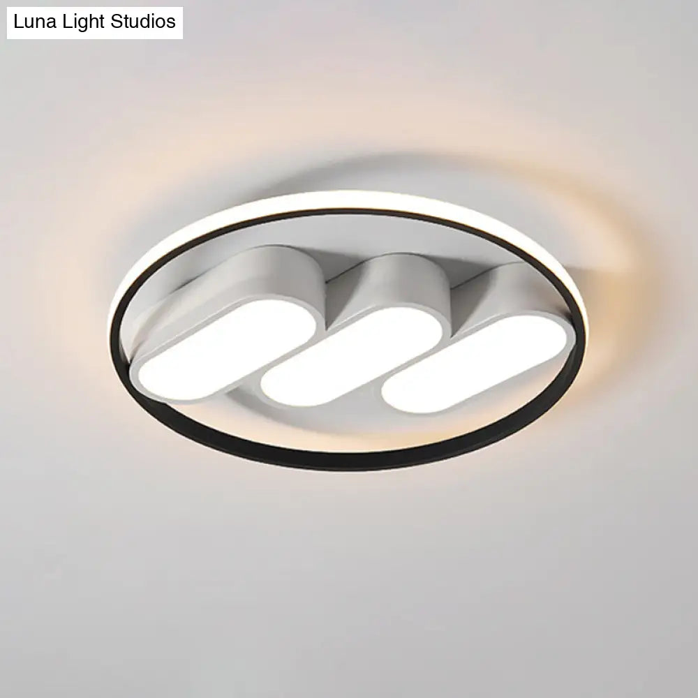 Modern Round Flush Led Bedroom Lamp In White - Black: Metallic Lighting Fixture