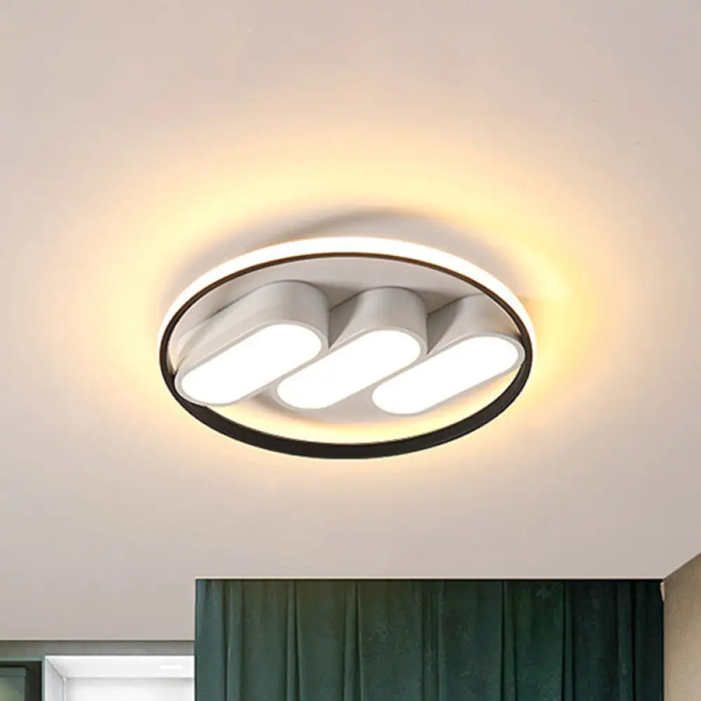 Modern Round Flush Led Bedroom Lamp In White - Black: Metallic Lighting Fixture Black - White