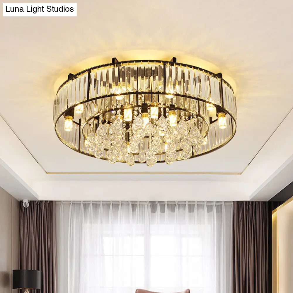 Modern Round Flush Mount Ceiling Light With Crystal Draping - 7/13-Light Options 13 / Black