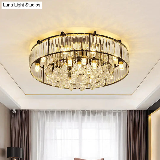 Modern Round Flush Mount Ceiling Light With Crystal Draping - 7/13-Light Options 13 / Black