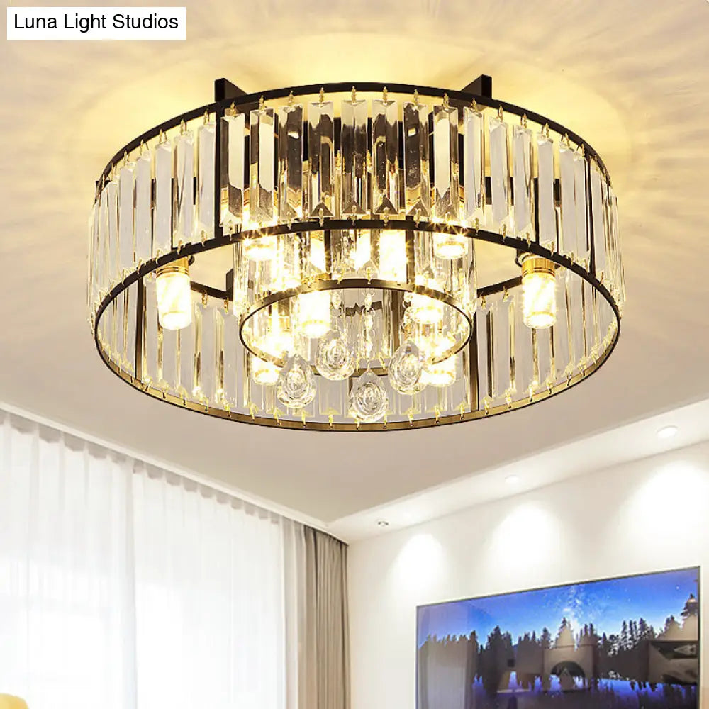 Modern Round Flush Mount Ceiling Light With Crystal Draping - 7/13-Light Options 7 / Black