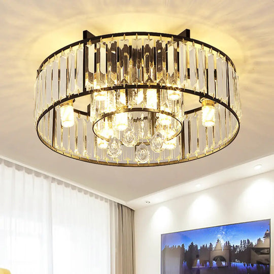 Modern Round Flush Mount Ceiling Light With Crystal Draping - 7/13 - Light Options 7 / Black