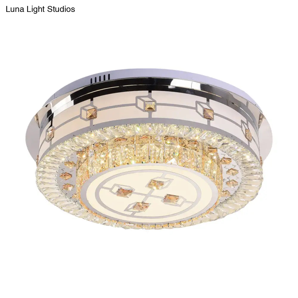 Modern Round Flush Mount Led Ceiling Lamp With Beveled Crystals In Stainless Steel