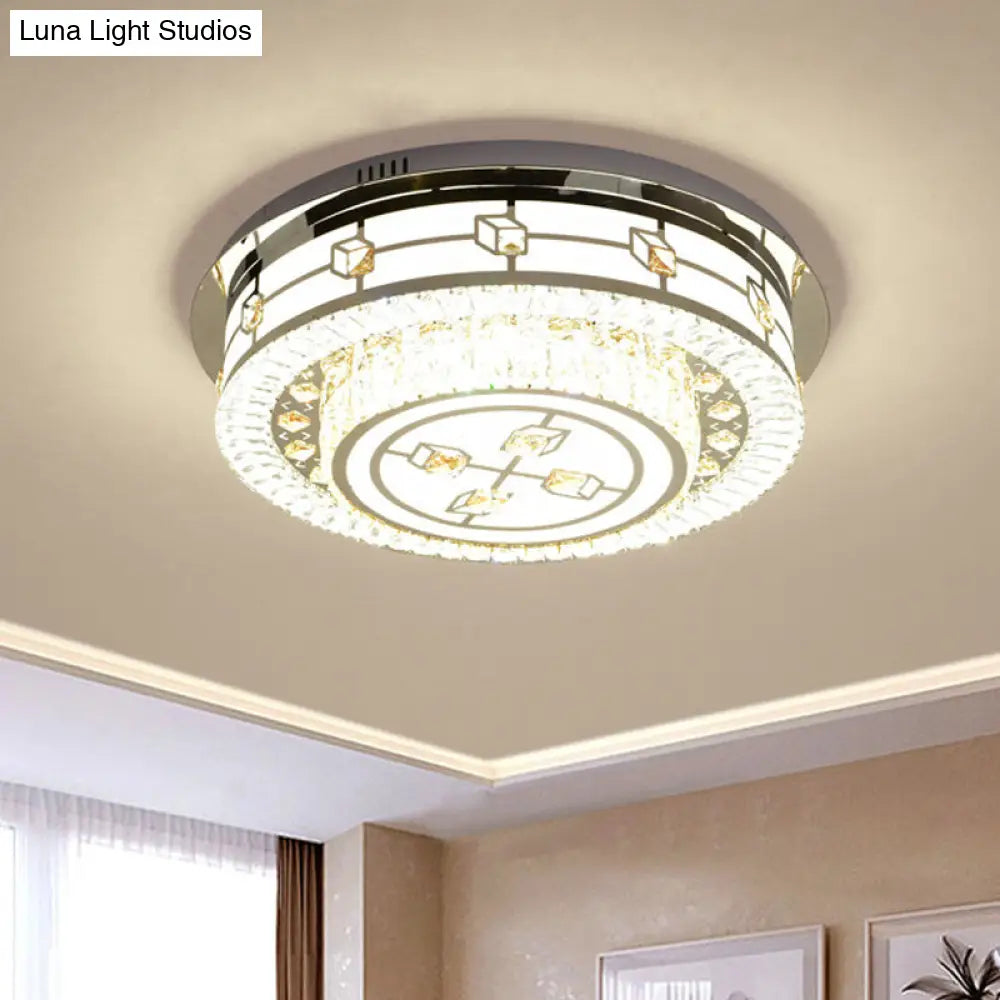 Modern Round Flush Mount Led Ceiling Lamp With Beveled Crystals In Stainless Steel Clear