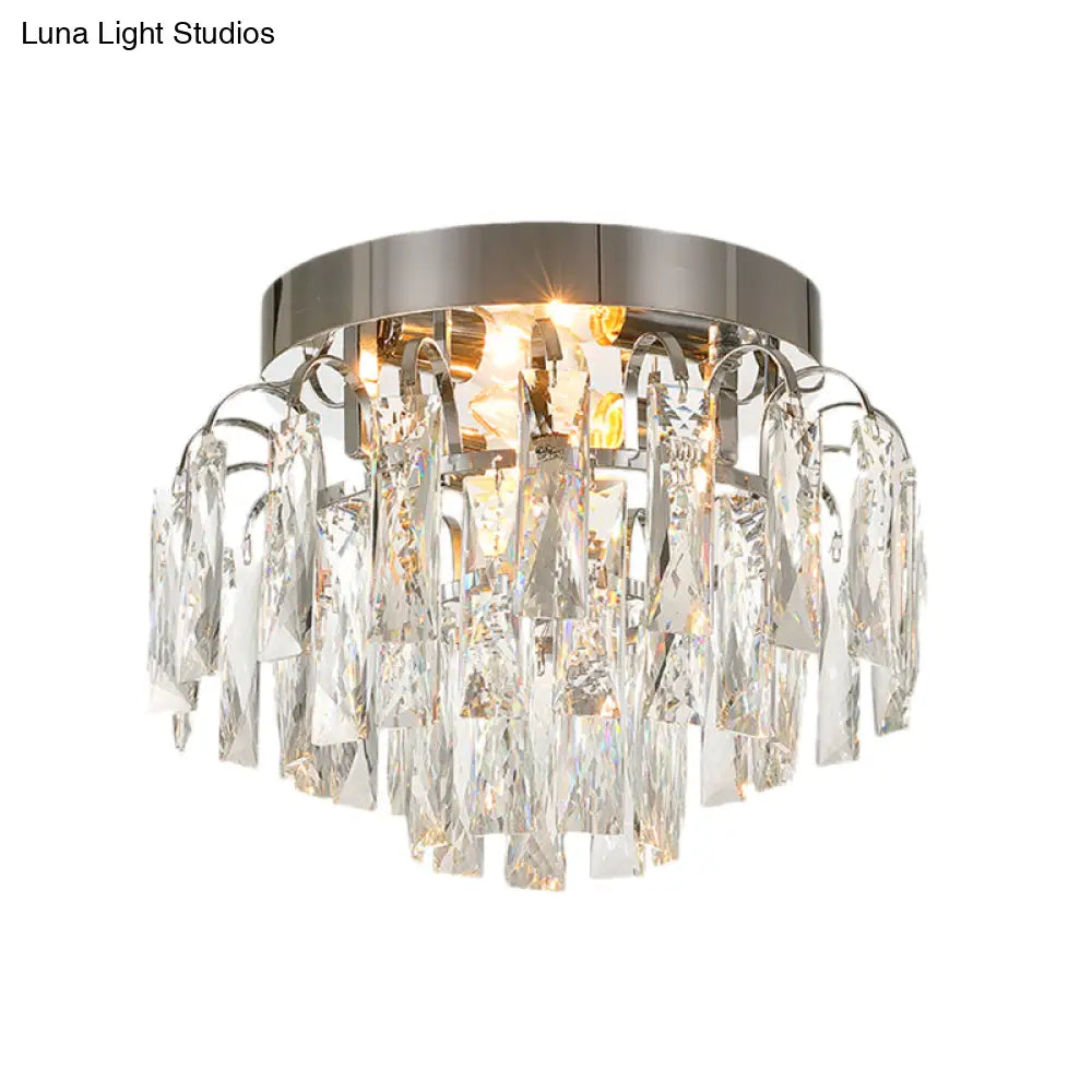 Modern Round Flush Mount Light With Clear Crystal Prism Chrome/Gold Finish 2 Lights