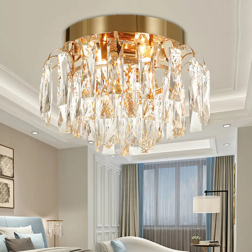 Modern Round Flush Mount Light With Clear Crystal Prism Chrome/Gold Finish 2 Lights Gold