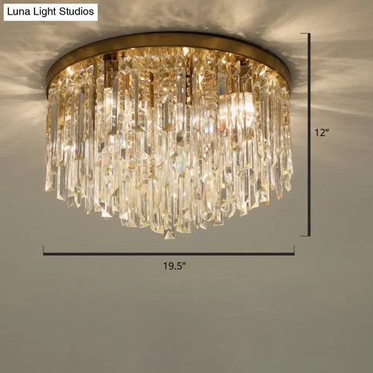 Modern Round Flushmount Bedroom Ceiling Light With Clear Crystal Icicles Brass / 19.5