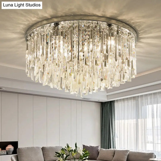 Modern Round Flushmount Bedroom Ceiling Light With Clear Crystal Icicles