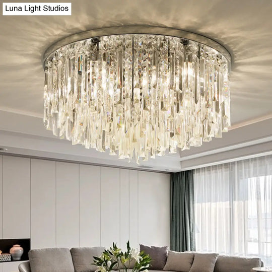 Modern Round Flushmount Bedroom Ceiling Light With Clear Crystal Icicles