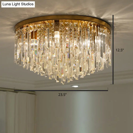 Modern Round Flushmount Bedroom Ceiling Light With Clear Crystal Icicles Brass / 23.5