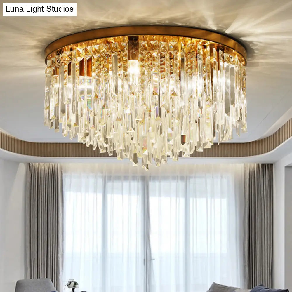 Modern Round Flushmount Bedroom Ceiling Light With Clear Crystal Icicles