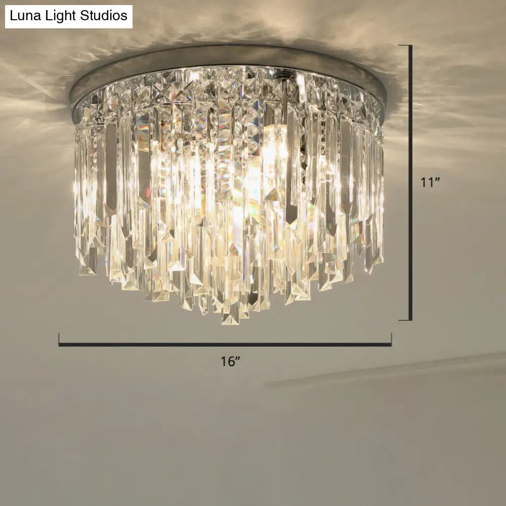 Modern Round Flushmount Bedroom Ceiling Light With Clear Crystal Icicles Chrome / 16