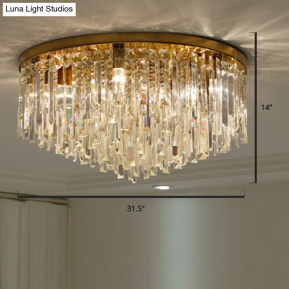 Modern Round Flushmount Bedroom Ceiling Light With Clear Crystal Icicles Brass / 31.5