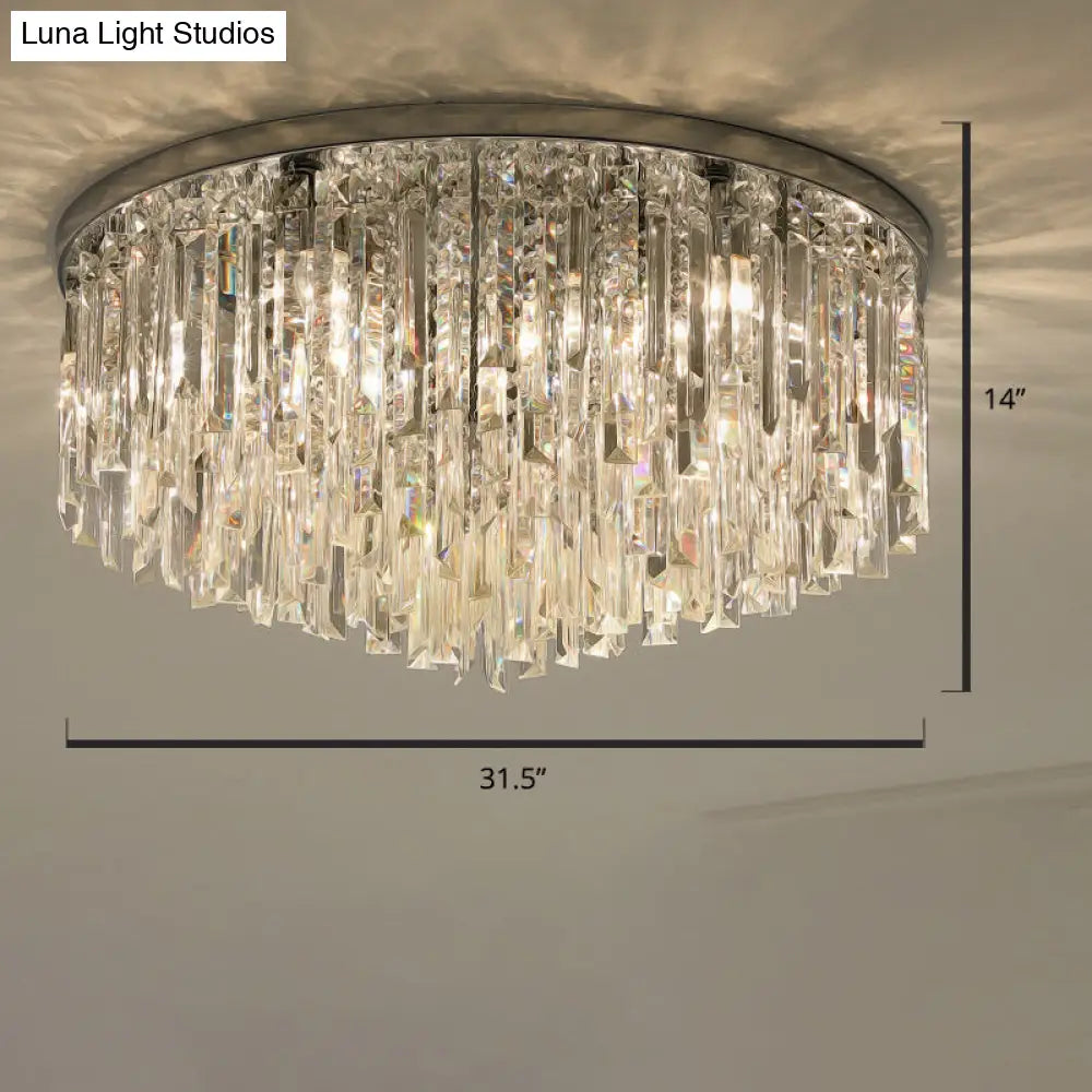 Modern Round Flushmount Bedroom Ceiling Light With Clear Crystal Icicles Chrome / 31.5