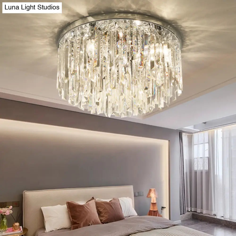 Modern Round Flushmount Bedroom Ceiling Light With Clear Crystal Icicles
