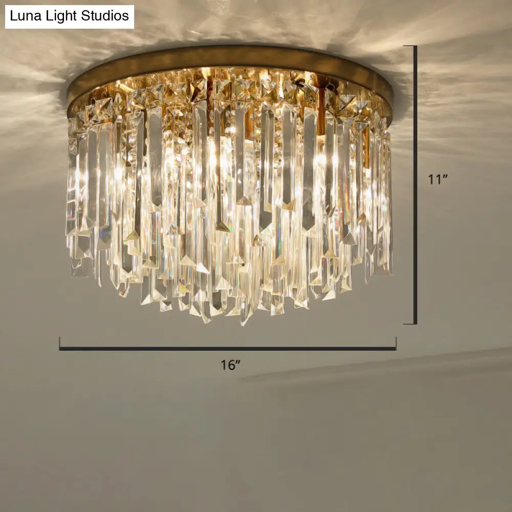 Modern Round Flushmount Bedroom Ceiling Light With Clear Crystal Icicles Brass / 16