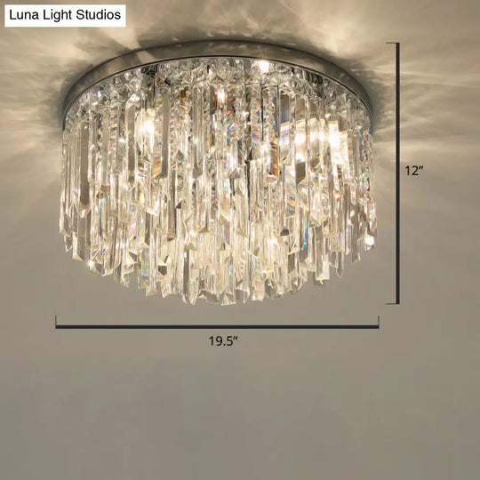 Modern Round Flushmount Bedroom Ceiling Light With Clear Crystal Icicles Chrome / 19.5