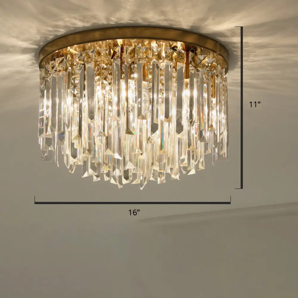 Modern Round Flushmount Bedroom Ceiling Light With Clear Crystal Icicles Brass / 16’