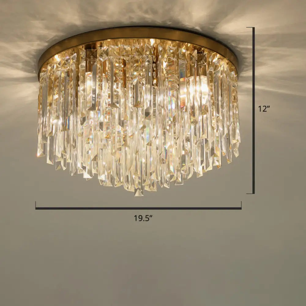 Modern Round Flushmount Bedroom Ceiling Light With Clear Crystal Icicles Brass / 19.5’