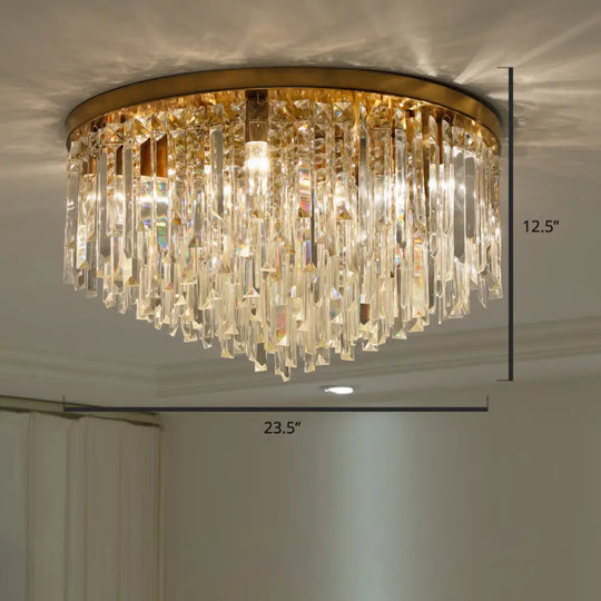 Modern Round Flushmount Bedroom Ceiling Light With Clear Crystal Icicles Brass / 23.5’