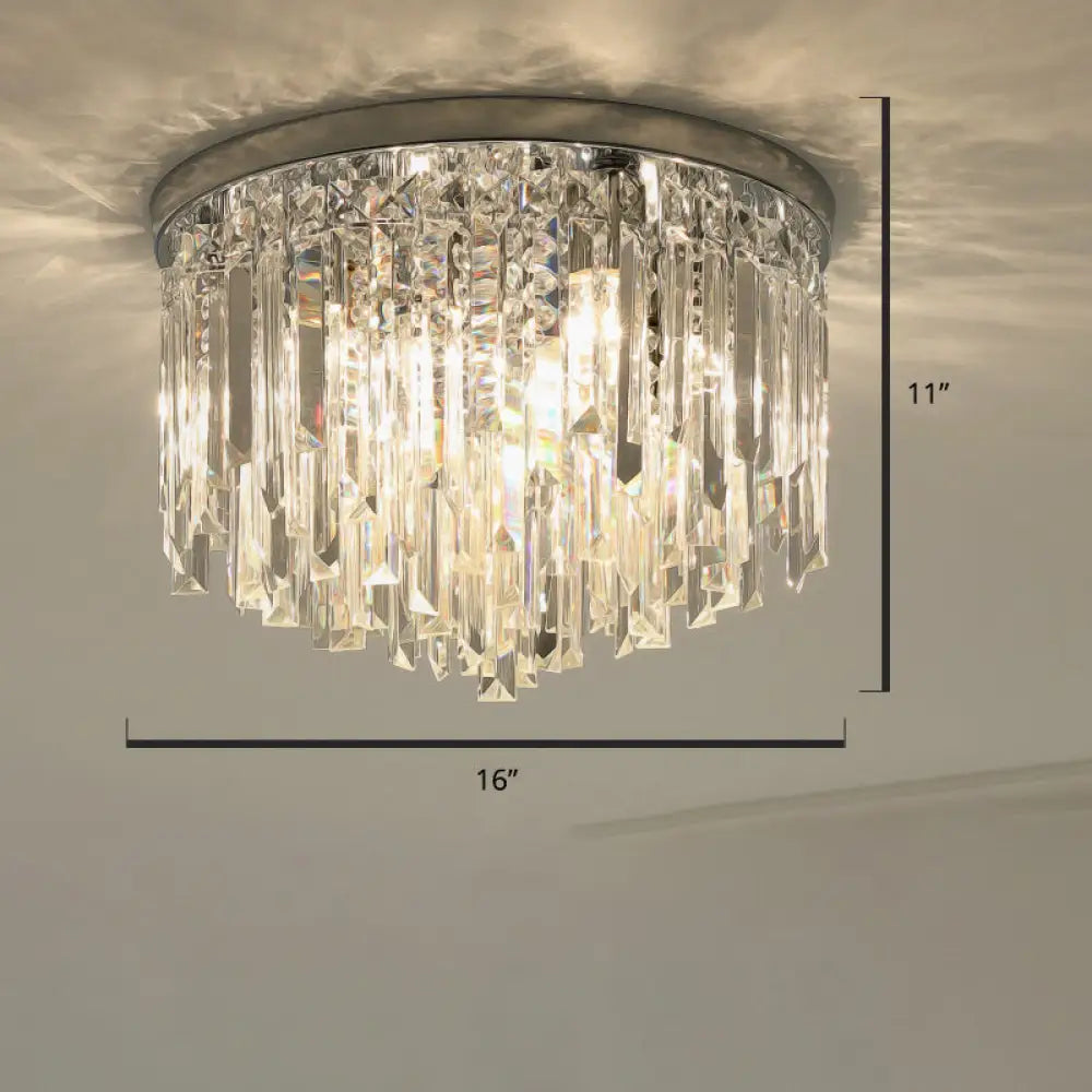Modern Round Flushmount Bedroom Ceiling Light With Clear Crystal Icicles Chrome / 16’