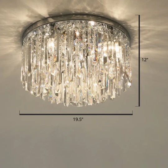 Modern Round Flushmount Bedroom Ceiling Light With Clear Crystal Icicles Chrome / 19.5’