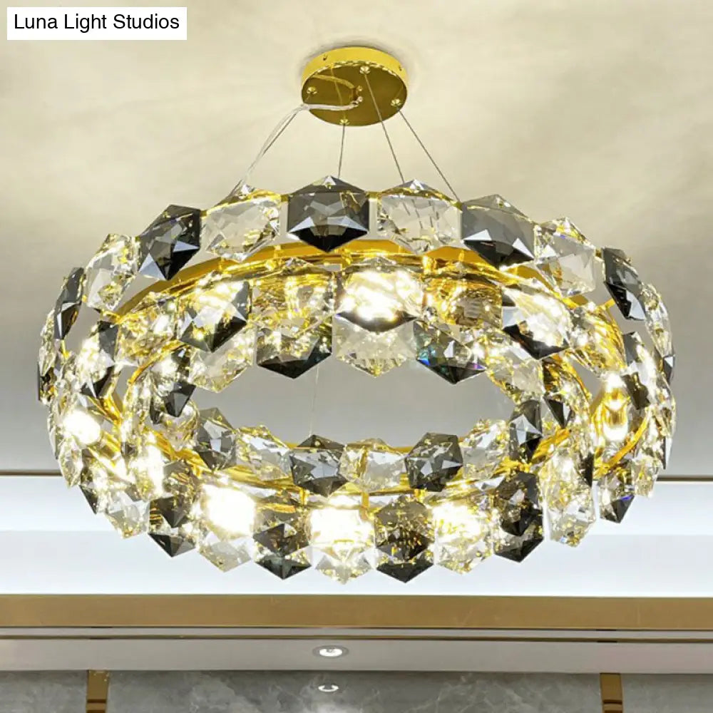 Modern Round Gold Chandelier With Hexagonal-Crystal Suspension Light – Perfect For Living Room