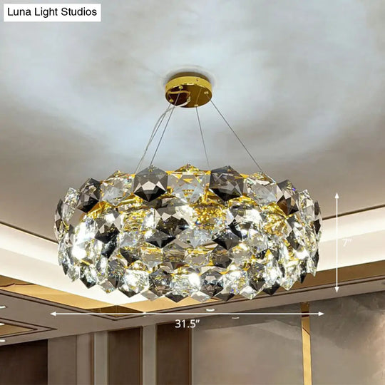 Gold Hexagonal-Crystal Round Suspension Light: Post-Modern Chandelier For Living Room / 31.5