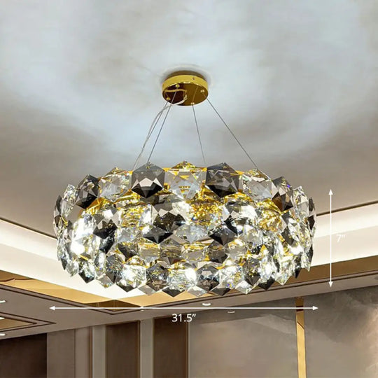 Modern Round Gold Chandelier With Hexagonal-Crystal Suspension Light – Perfect For Living Room