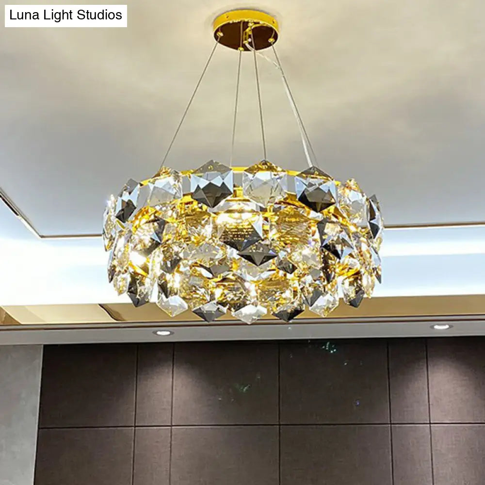 Gold Hexagonal-Crystal Round Suspension Light: Post-Modern Chandelier For Living Room