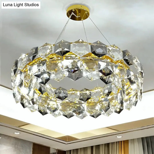 Modern Round Gold Chandelier With Hexagonal-Crystal Suspension Light – Perfect For Living Room