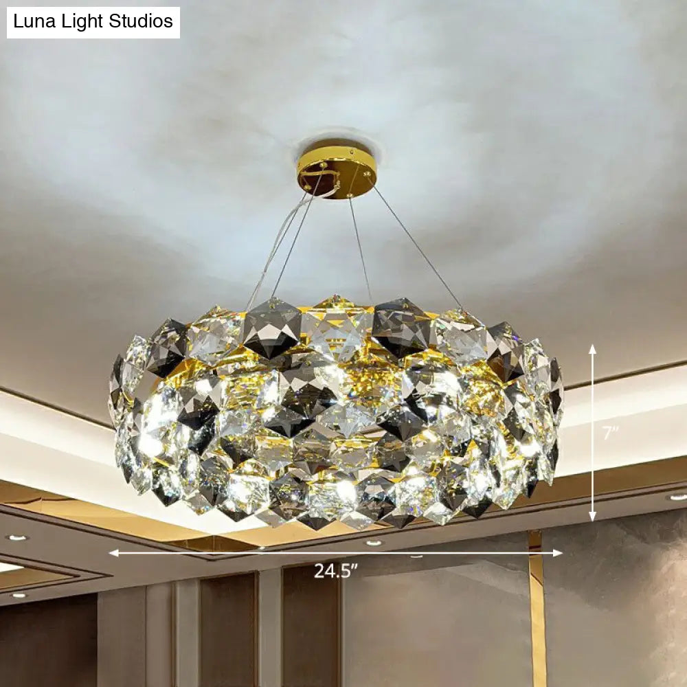 Gold Hexagonal-Crystal Round Suspension Light: Post-Modern Chandelier For Living Room / 24.5