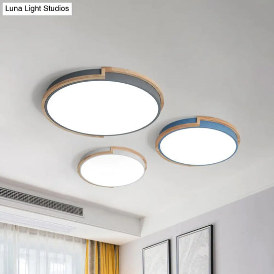 Modern Round Led Ceiling Light Fixture With Wood Frame - Grey/Blue/Pink Macaron Metal Flush Mount