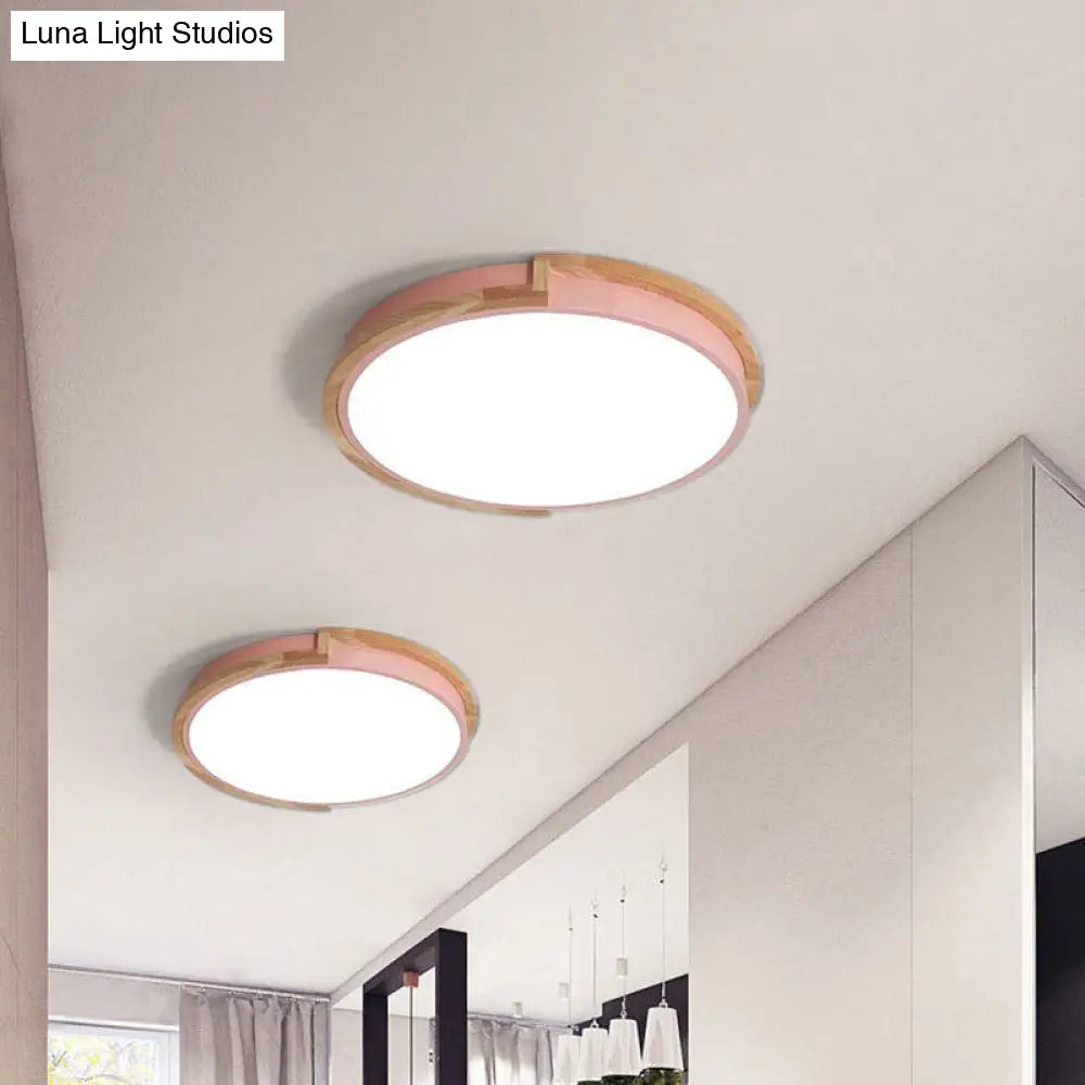 Modern Round Led Ceiling Light Fixture With Wood Frame - Grey/Blue/Pink Macaron Metal Flush Mount