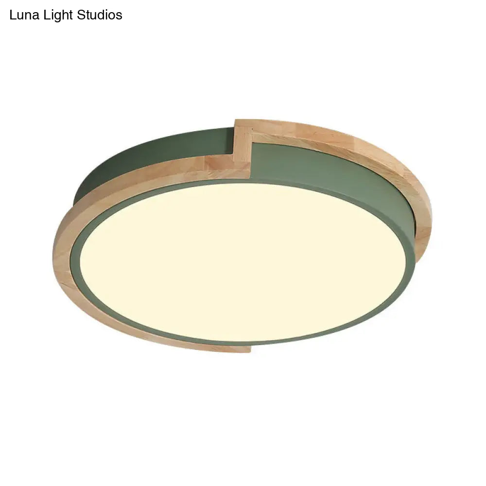 Modern Round Led Ceiling Light Fixture With Wood Frame - Grey/Blue/Pink Macaron Metal Flush Mount