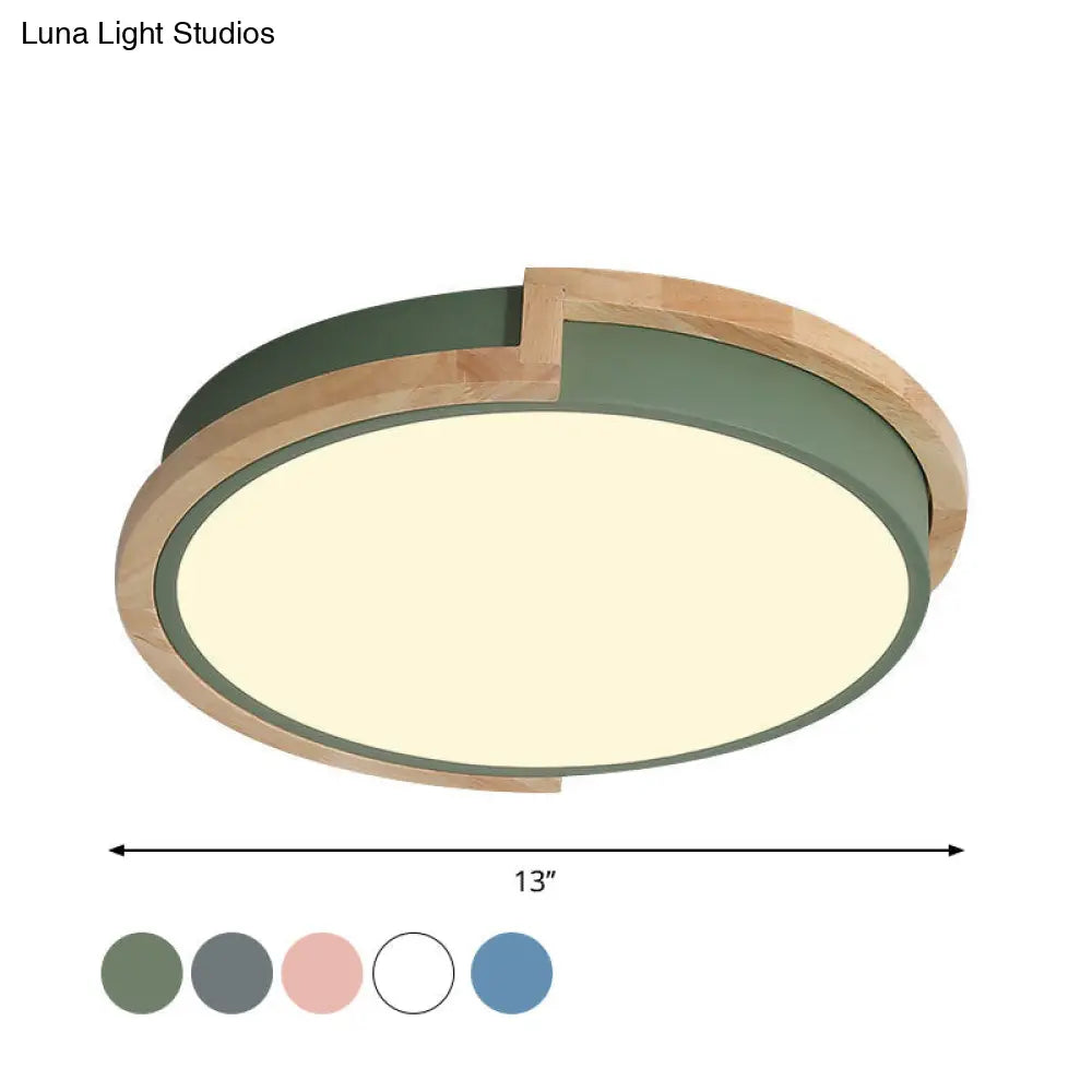 Modern Round Led Ceiling Light Fixture With Wood Frame - Grey/Blue/Pink Macaron Metal Flush Mount