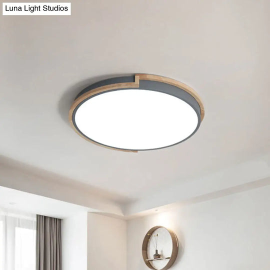 Modern Round Led Ceiling Light Fixture With Wood Frame - Grey/Blue/Pink Macaron Metal Flush Mount