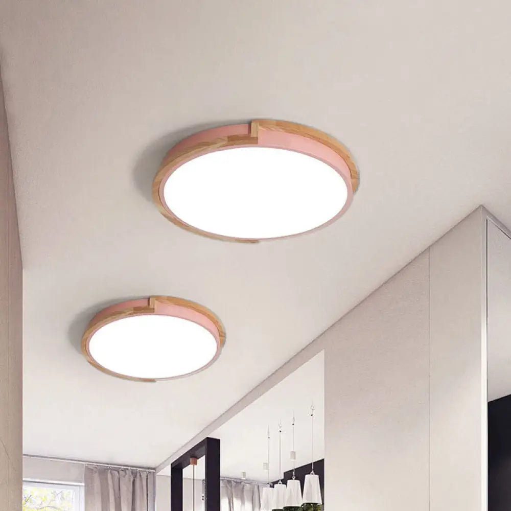 Modern Round Led Ceiling Light Fixture With Wood Frame - Grey/Blue/Pink Macaron Metal Flush Mount