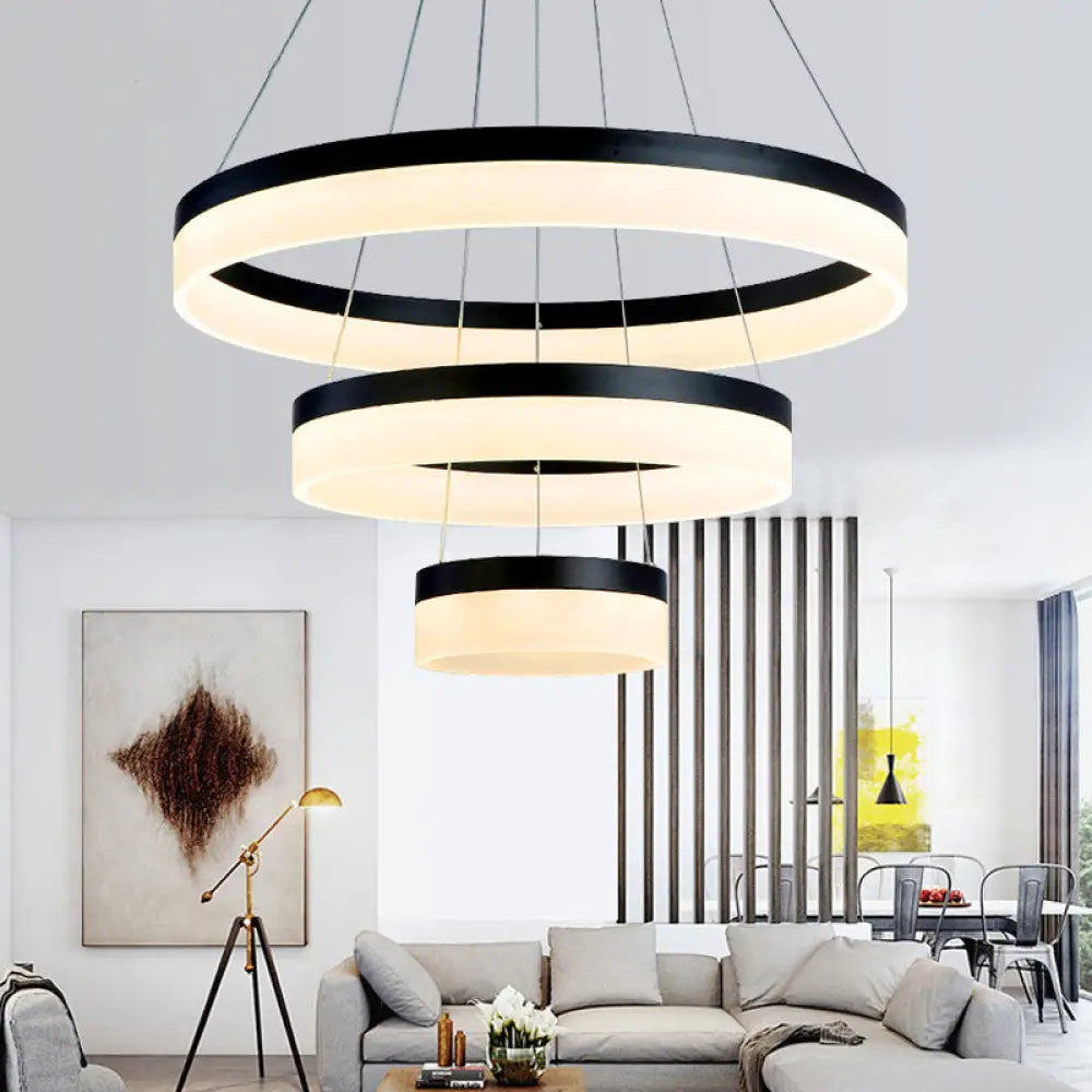 Modern Round Led Chandelier Pendant - Acrylic 1/2/3-Light Ceiling Light Fixture In Black/White/Gold