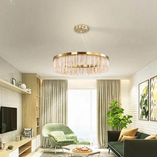 Modern Round Led Chandelier With Crystal Prism & Gold Finish / 23.5’