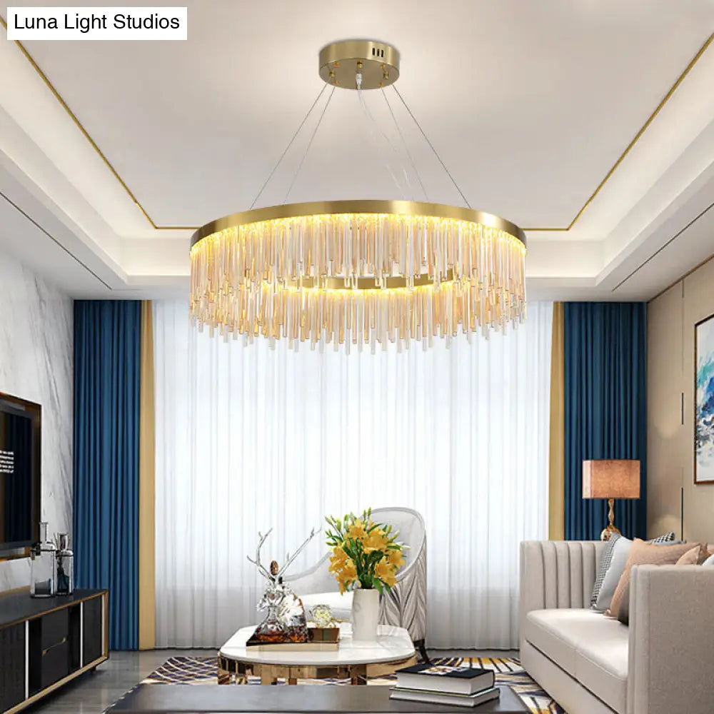 Modern Round Led Chandelier With Gold Finish & Crystal Prism Accents