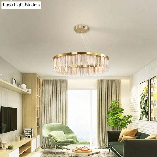 Modern Round Led Chandelier With Gold Finish & Crystal Prism Accents / 23.5