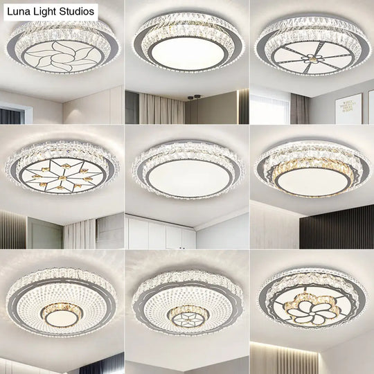 Modern Round Led Crystal Flush Mount Ceiling Light In Stainless Steel - Bedroom