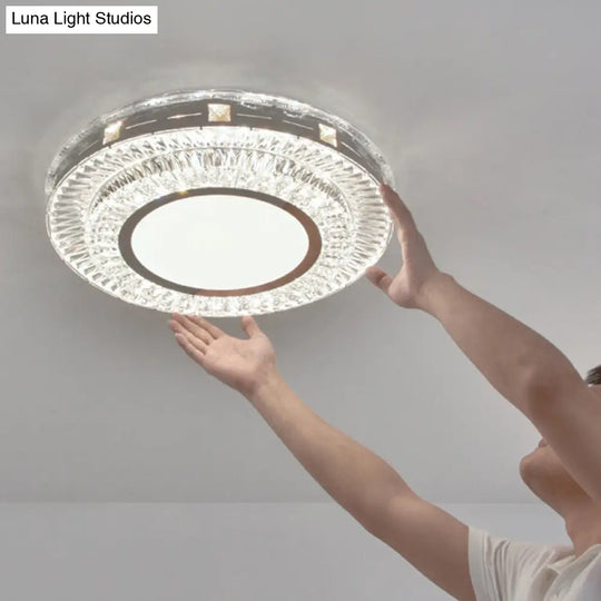 Modern Round Led Crystal Flush Mount Ceiling Light In Stainless Steel - Bedroom